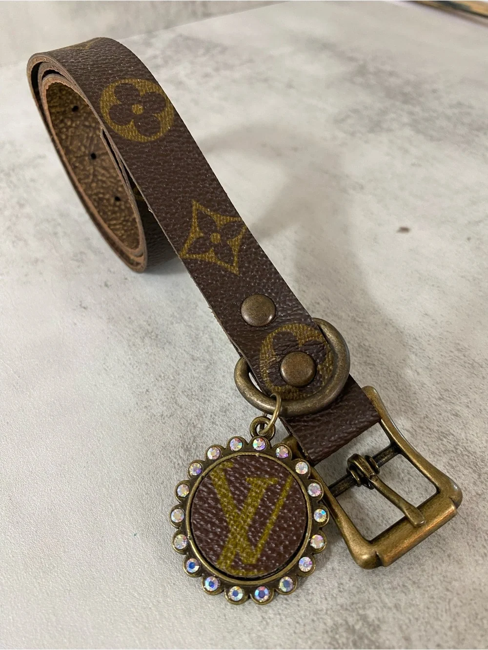 Brown Designer Monogram Dog Collar with Decorative Charm upcycle LV